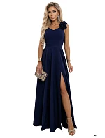 model 22043331 Elegantní večerní maxi šaty s rozparkem a růžemi tmavě modré - numoco