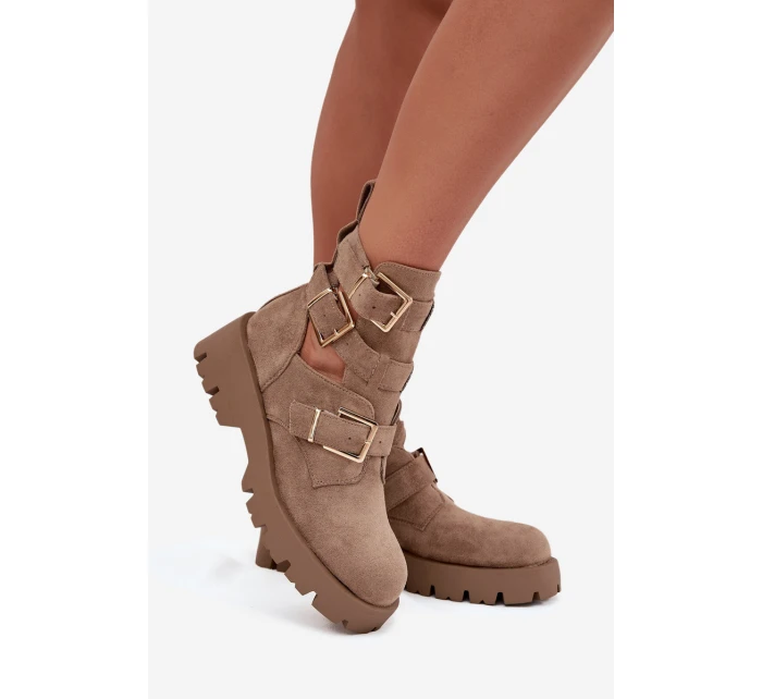 Botki Damskie Z Paskami I Złotymi Klamrami Beżowe Helisse Botki Damskie Z Paskami I Złotymi Klamrami Beżowe Helisse