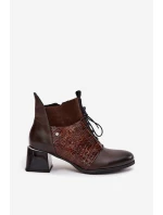 Zazoo 60503 Skórzane Botki Na Obcasie Ocieplane Czekoladowe