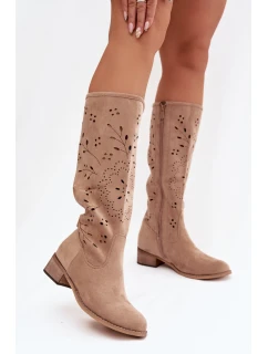 Ažurové dámské kozačky na klínu Khaki Helinna