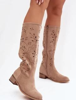 Ažurové dámské kozačky na klínu Khaki model 21821919 - Boto