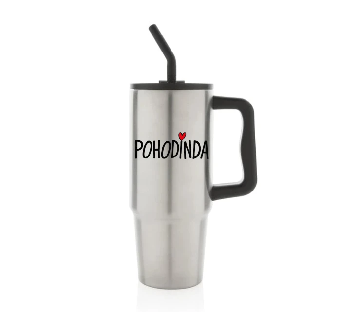 POHODINDA - stříbrná cestovní termoska s barevným víčkem 900 ml