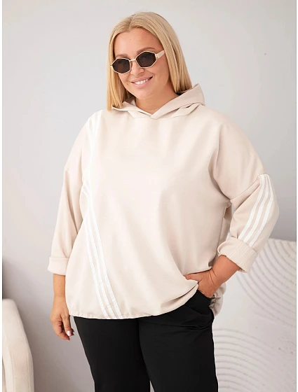 Dámska mikina Plus Size z viskózy s kapucňou a ozdobnými prúžkami, béžová