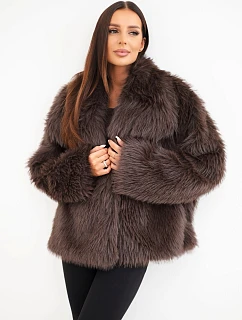 Krátká dámská model 22550888 bunda s velkým límcem hnědá - K-Fashion