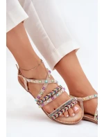 Sandały Damskie Ze Zdobieniem I Plecionymi Paskami Beżowe Delyra Sandały Damskie Ze Zdobieniem I Plecionymi Paskami Beżowe Delyra