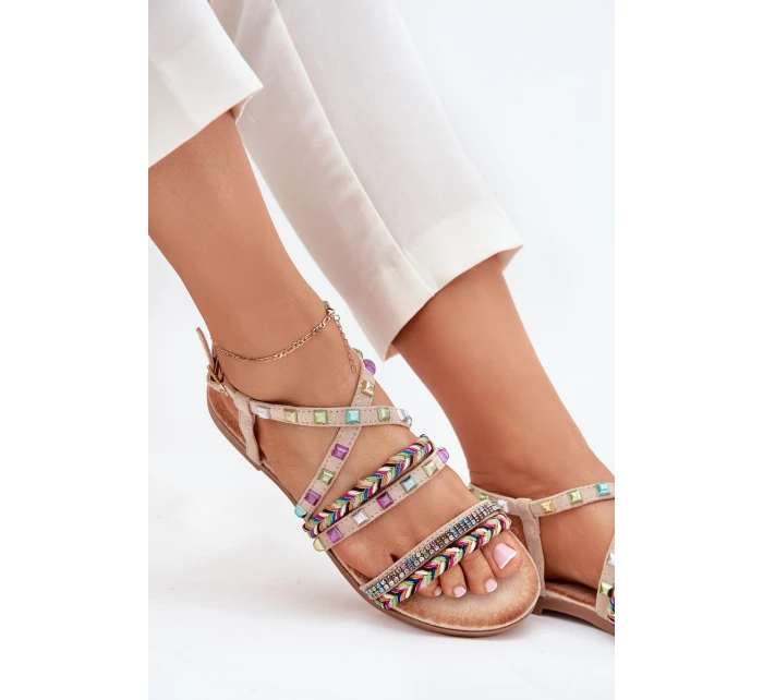 Sandały Damskie Ze Zdobieniem I Plecionymi Paskami Beżowe Delyra Sandały Damskie Ze Zdobieniem I Plecionymi Paskami Beżowe Delyra