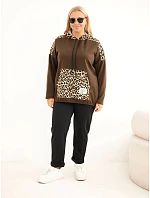 Dámska mikina Plus Size z viskózy s kapucňou a leopardovými vsadkami, hnedá Dámska mikina Plus Size z viskózy s kapucňou a leopardovými vsadkami, hnedá