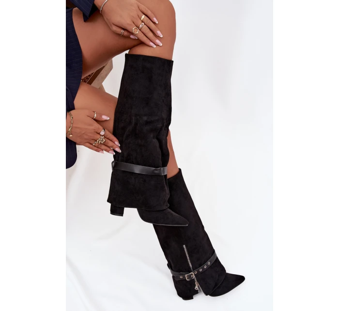 Kozaki Damskie Wsuwane Na Słupku Z Ozdobnym Paskiem Czarne Jolivine Kozaki Damskie Wsuwane Na Słupku Z Ozdobnym Paskiem Czarne Jolivine