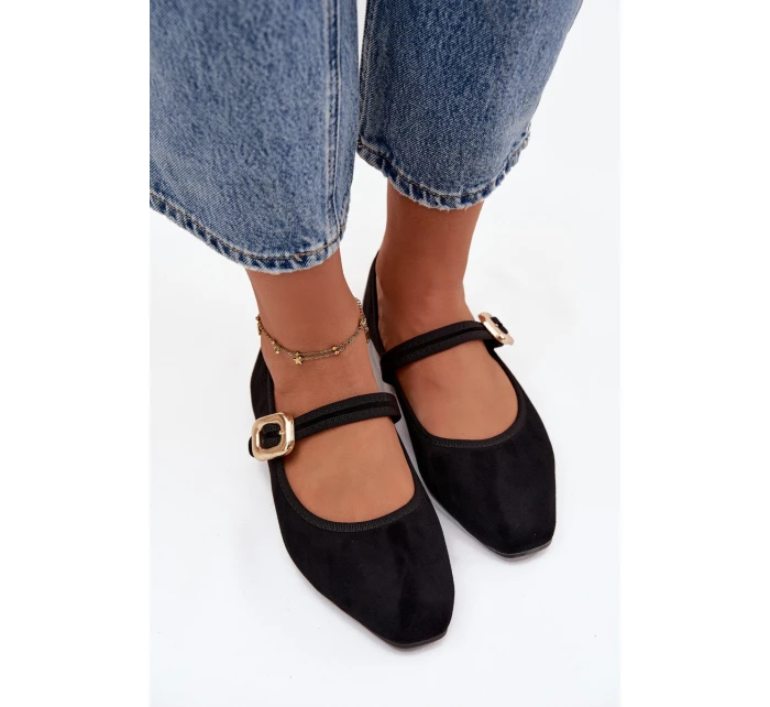 Baleríny s páskem a zlatým sponou Eko semišové Černé Adelora