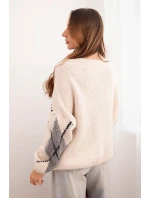 Dámsky sveter na gombíky s diamantovým vzorom z béžovej vlny