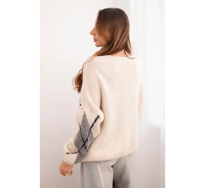 Dámsky sveter na gombíky s diamantovým vzorom z béžovej vlny