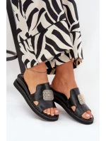 Klapki Damskie Na Koturnie Eko Skórzane Z Ozdobą Czarne Sarela Klapki Damskie Na Koturnie Eko Skórzane Z Ozdobą Czarne Sarela