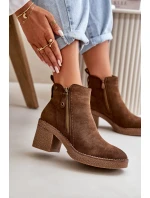 Ocieplane Botki Damskie Na Słupku Z Eko Zamszu Ciemnobrązowe Velarilla