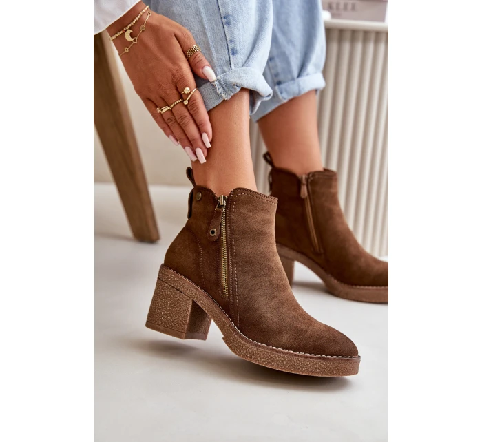 Ocieplane Botki Damskie Na Słupku Z Eko Zamszu Ciemnobrązowe Velarilla