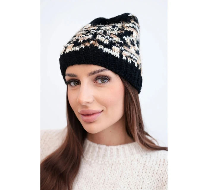 Dámska zimná vlnená čiapka s nórskym vzorom K354 black+beige