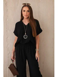 Komplet s náhrdelníkem halenka + kalhoty černý