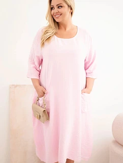 Plus veľkosť dámske viskózové šaty s vreckami a krátkymi rukávmi Candy Pink