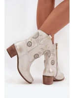 Zamszowe Skórzane Botki Damskie Ażurowe Na Obcasie Zazoo 3844 Złoty Przecierany