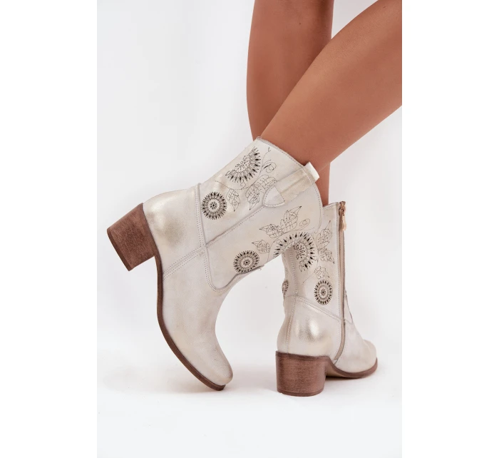 Zamszowe Skórzane Botki Damskie Ażurowe Na Obcasie Zazoo 3844 Złoty Przecierany