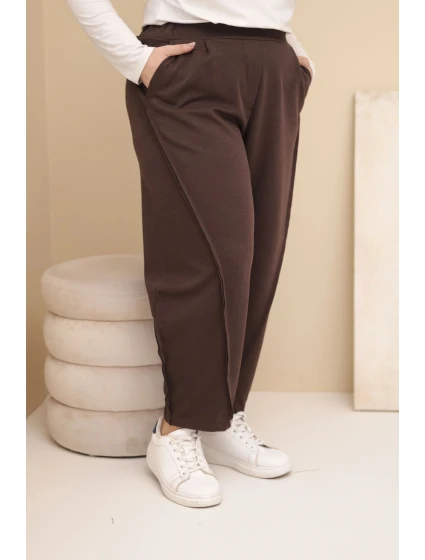 Dámske Plus veľkosť bavlnené nohavice s vysokým pásom voľné hnedé Dámske Plus veľkosť bavlnené nohavice s vysokým pásom voľné hnedé