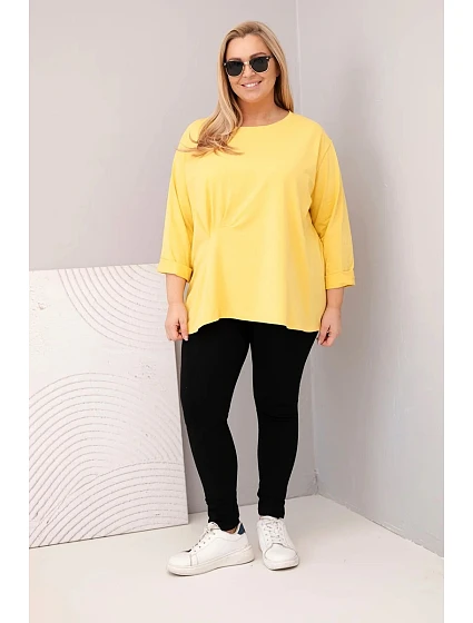 Dámská blůza plus size s bavlnou a dlouhým rukávem a nařasením žlutá Dámská blůza plus size s bavlnou a dlouhým rukávem a nařasením žlutá
