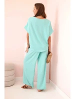 Dámský komplet z viskózy s ozdobným květem a širokými kalhotami - mátový