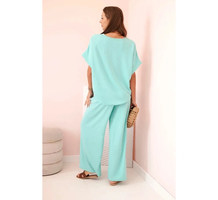 Dámský komplet z viskózy s ozdobným květem a širokými kalhotami - mátový