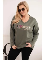Dámská mikina Plus Size s nápisem a výstřihem do V khaki Dámská mikina Plus Size s nápisem a výstřihem do V khaki