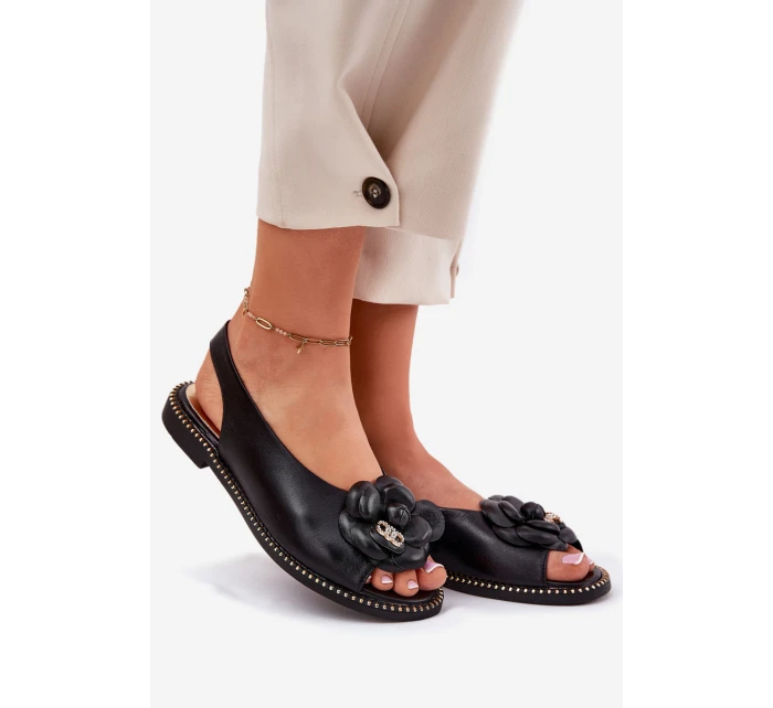 Skórzane Płaskie Sandały Z Ozdobą CheBello 4642 Czarne