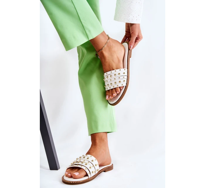 Damskie Skórzane Klapki Z Ozdobą Białe Brien Damskie Skórzane Klapki Z Ozdobą Białe Brien