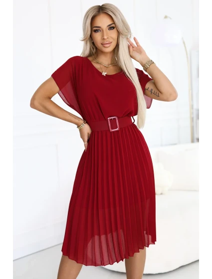 465-5 MIA Plisované šifónové midi šaty so širokým opaskom - Bordeaux 465-5 MIA Plisované šifónové midi šaty so širokým opaskom - Bordeaux
