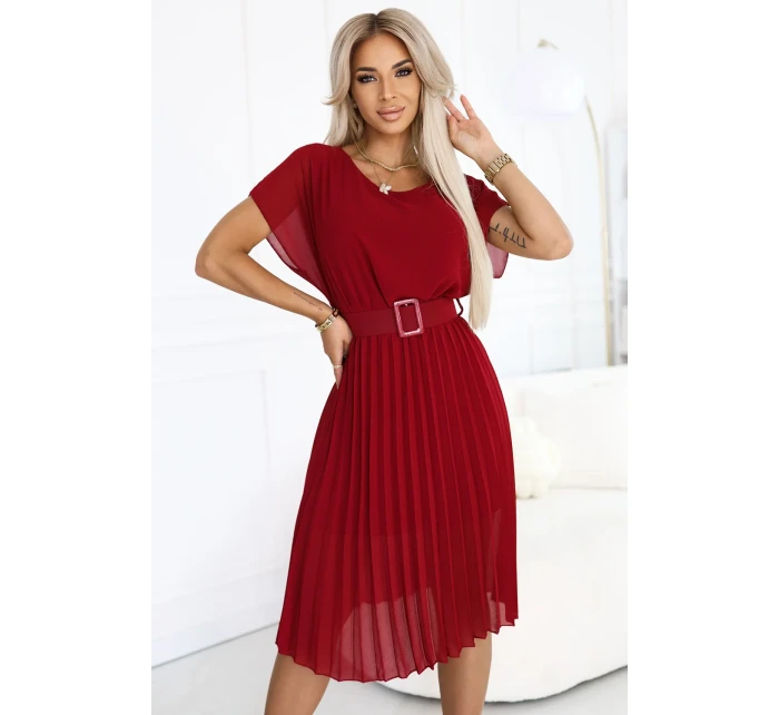 465-5 MIA Plisované šifónové midi šaty so širokým opaskom - Bordeaux 465-5 MIA Plisované šifónové midi šaty so širokým opaskom - Bordeaux
