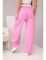 Dámské bavlněné kalhoty se širokou nohavicí a páskem cukrově růžová