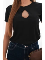 Dámská viskózová žebrovaná halenka s ozdobným výstřihem u model 22025276 černá - K-Fashion