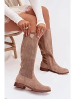 Dámské kozačky s krajkovým vzorem na plochém podpatku model 21998027 Béžové - S.Barski