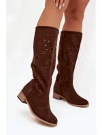 Dámske perforované čižmy na podpätku Helinna - chocolate