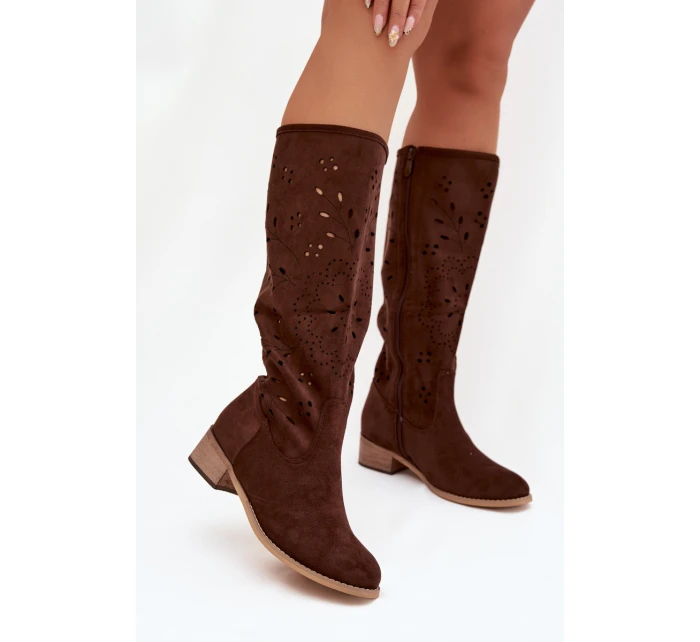 Dámske perforované čižmy na podpätku Helinna - chocolate