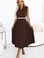 596-4 Elegantná midi košeľa so zlatými gombíkmi a opaskom - CHOCOLATE