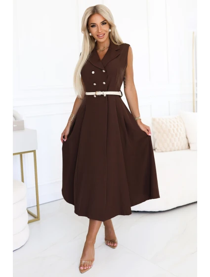 model 21232660 Elegantní midi košilka se zlatými knoflíky a páskem CHOCOLATE - numoco basic model 21232660 Elegantní midi košilka se zlatými knoflíky a páskem CHOCOLATE - numoco basic