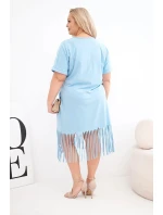 Dámske bavlnené šaty s výstrihom do V a strapcami v modrej farbe