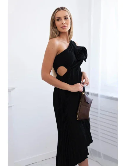 Plisované šaty s květinou černý Plisované šaty s květinou černý