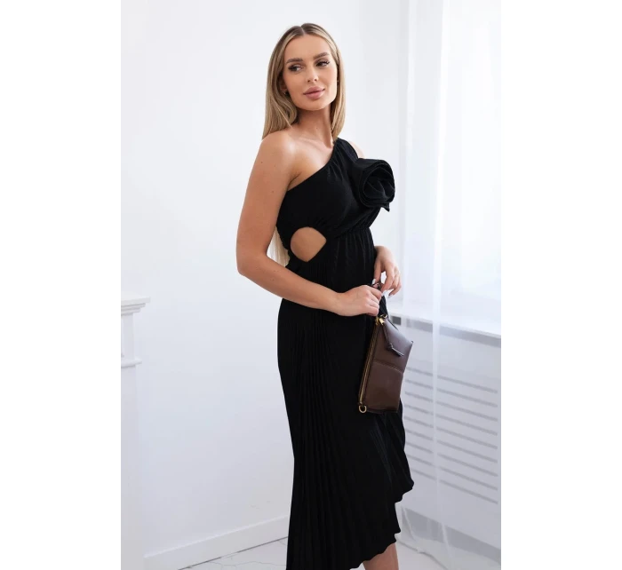 Plisované šaty s květinou černý Plisované šaty s květinou černý