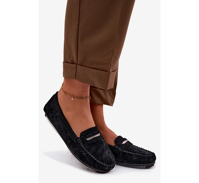 Dámské ploché mokasíny z přírodního semiše model 22101305 Černé - S.Barski