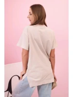 Dámské oversize tričko srdce a třásněmi s krátkým rukávem béžové Dámské oversize tričko srdce a třásněmi s krátkým rukávem béžové