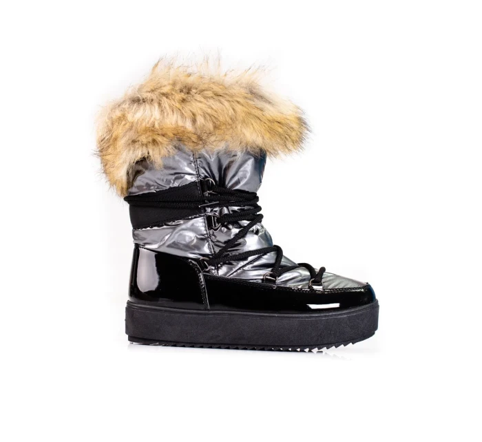 Praktické sivo-strieborné snežnice bez podpätku pre ženy Praktické sivo-strieborné snežnice bez podpätku pre ženy