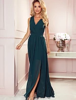 JUSTINE - Dlhé dámske šaty vo fľaškovo zelenej farbe s výstrihom a zaväzovaním 362-2