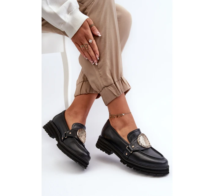 Zazoo 3485 Mokasyny Damskie Ze Złotą Ozdobą Skóra Naturalna