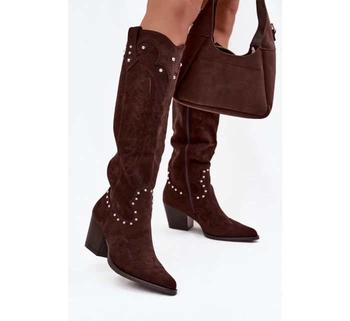 Damskie Kozaki Kowbojki Ze Zdobieniem Na Słupku Czekoladowe Darella Damskie Kozaki Kowbojki Ze Zdobieniem Na Słupku Czekoladowe Darella