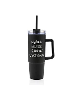 PRÁCA NEVYHOVUJE, KÁVA VYPADÁ SKVELO! - čierny cestovný termohrnček s priehľadným viečkom 900 ml