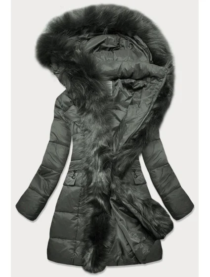 Dámska prešívaná zimná bunda s kapucňou khaki (aura)